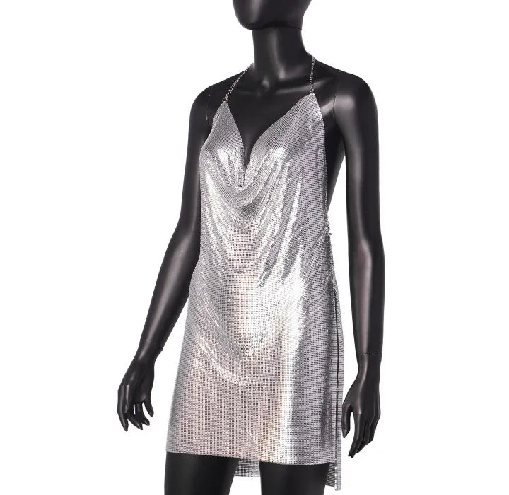 Summer Dress for Women 2024 Nightclub Backless Sequin Suspender V-neck Halter Neck Split Dresses Sleeveless Short Skirt Female