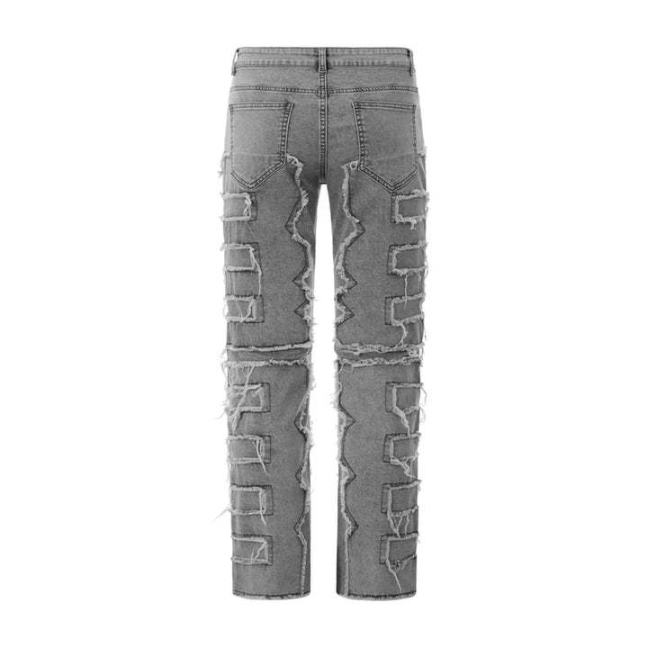 Men Skinny Pants Vintage Patch Frayed Denim Pants Spring Fall Casual Leggings Trousers with Pockets