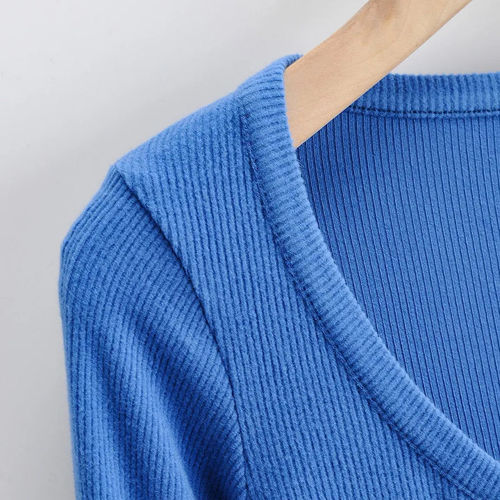 Slim V-neck Long Sleeve Bottomed Womens Tops And Blouses High Street Solid Color Open Navel Cardigan