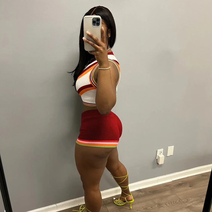 CM.YAYA Knit Ribbed Fashion Women's Set Striped Tank Top and Shorts Suit 2023 Summer Chic Two 2 Piece Set Outfit Tracksuit