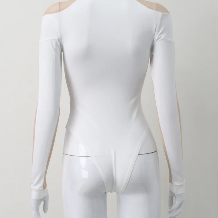 Huhugirl Mesh See Through Skinny Sexy Bodysuits Women Fashion Patchwork Long Sleeve Sheath Rompers Female Jumpsuits Tops Tees