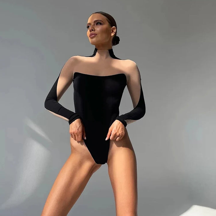 Huhugirl Mesh See Through Skinny Sexy Bodysuits Women Fashion Patchwork Long Sleeve Sheath Rompers Female Jumpsuits Tops Tees