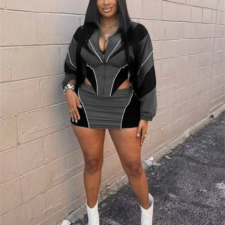 FLARORA Fashion Patchwork 2Pcs Sets Woman Long Sleeve Zipper Irregular Crop Jacket And Skinny Mini Skirts Streetwear Outfits New
