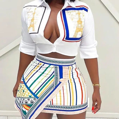 Two Piece Set Women Outfit 2024 Summer Fashion Graphic Print Buttoned Turn-Down Collar Shirt & Striped Asymmetrical Skirt Set