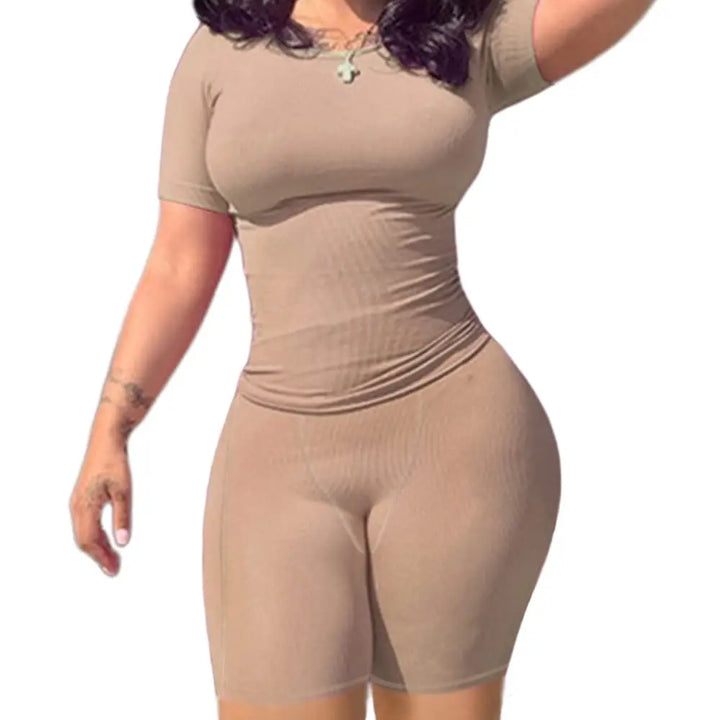 Lounge Wear Ribbed Casual 2 Piece Summer Shorts Set For Somen Short Sleeve Top+Elastic outfits