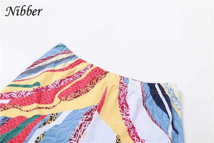 Nibber Colorful Printing Two Piece Set Women Autumn O-neck Full Sleeve Crop Tops + Matched Slim Shorts Female Outfit Street Suit