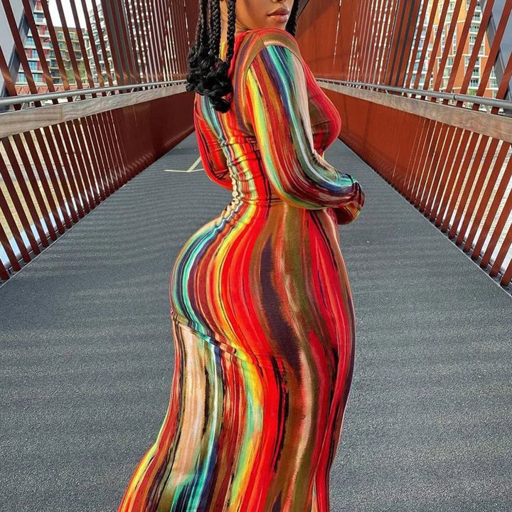 Spring and Autumn New Women's V-neck Stripe Long Sleeve Tight Fit Sexy Dress for Women