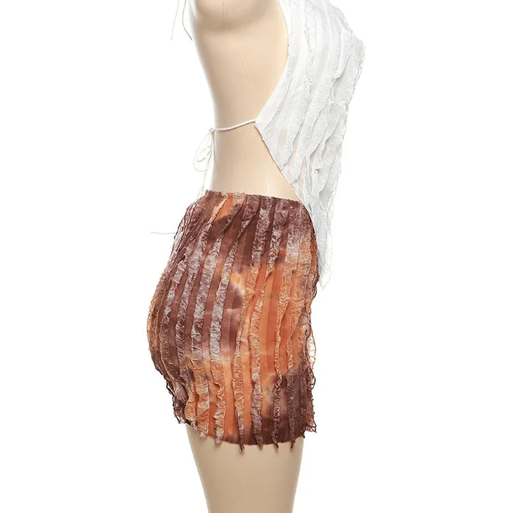 kliou Stacked Ruched 2 Piece Set Women Solid Halter Bandage Irregulary Camis+Tie Dye Vintage Mini Skirts Female Sexy Attirewear