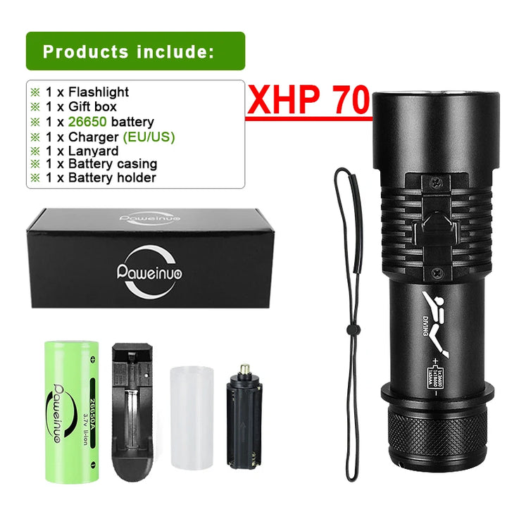 Diving flashlight charging strong light XHP70 focus long flashlight plastic waterproof submersible lighting at night submersible