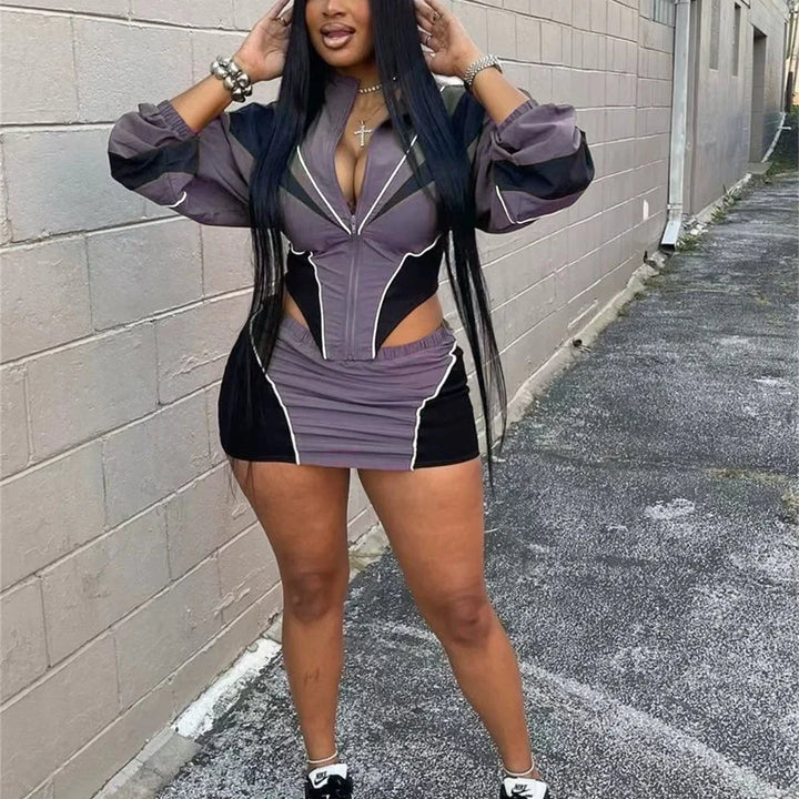 FLARORA Fashion Patchwork 2Pcs Sets Woman Long Sleeve Zipper Irregular Crop Jacket And Skinny Mini Skirts Streetwear Outfits New