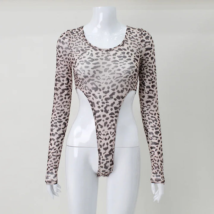 Leopard Sexy High Waist Women Bodysuit Mesh Transparent Wild Stretchy Thong Body T-Shirt Street Evening Clothing Hot
