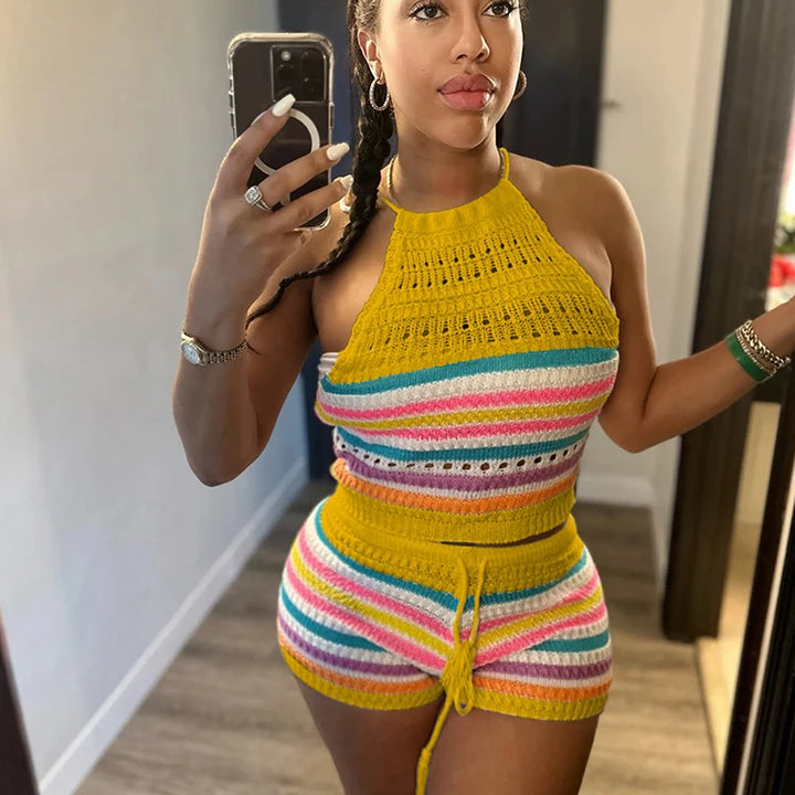 Wishyear Sexy Backless Halter Crop Top and Shorts Suit Two Piece Sets for Women Tracksuit Knitted Crochet Co Ord Summer Outfits