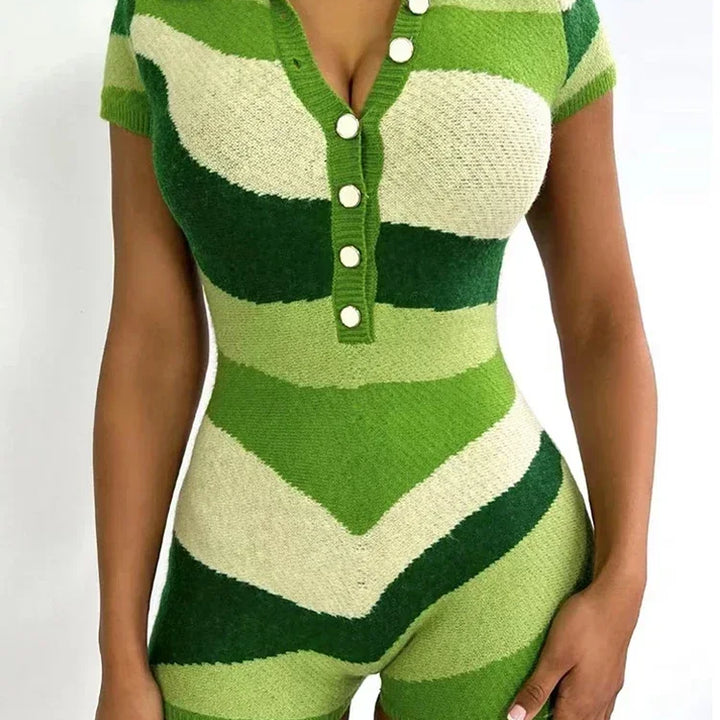 Laxsesu Irregular Contrast Romper Women Knit Stretch Polo Neck Single-Breasted Shorts Sleeve Skinny Slim Playsuits Streetwear