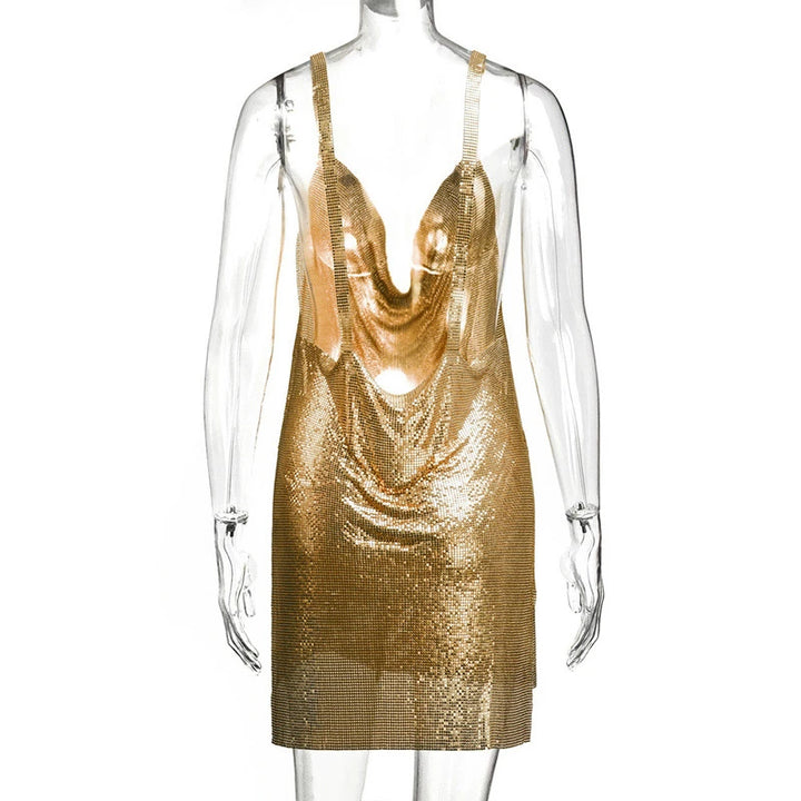 90s Rave Outfit Glitter V-Neck Lace Up Sequins Dress Y2K Clubwear Sexy Backless Bodycon Metal Mini Dress Party Cloth Vestidos