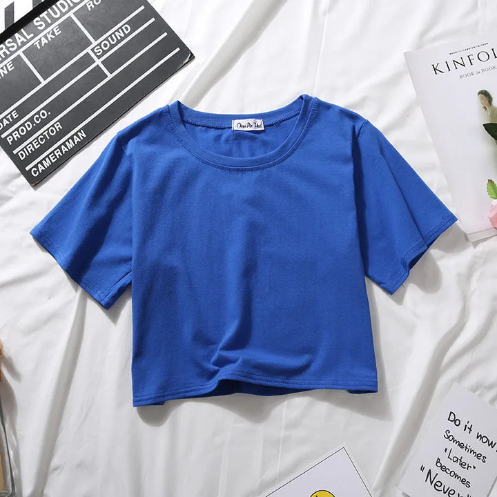 2024 Summer Short Sleeve T Shirts Women Cotton Solid T-shirt O Neck High Waist Crop Top Tee Female Casual Loose T Shirt