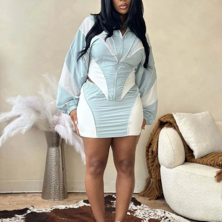 FLARORA Fashion Patchwork 2Pcs Sets Woman Long Sleeve Zipper Irregular Crop Jacket And Skinny Mini Skirts Streetwear Outfits New