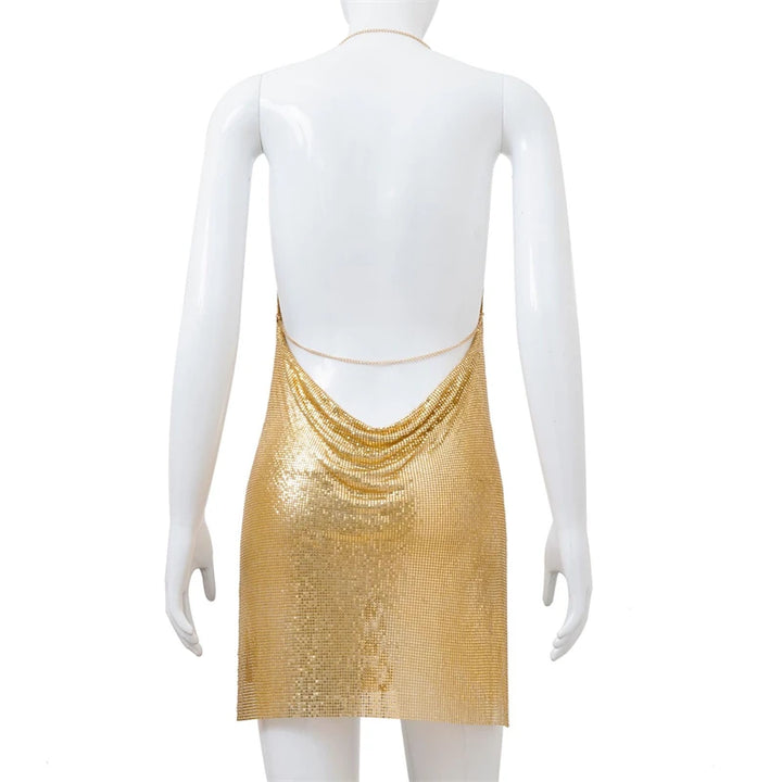 Sexy Silver Sequin Mini Dress For Women Accessories Sleeveless Metal Body Chain Party Dress Women Backless Split Evening Vestido