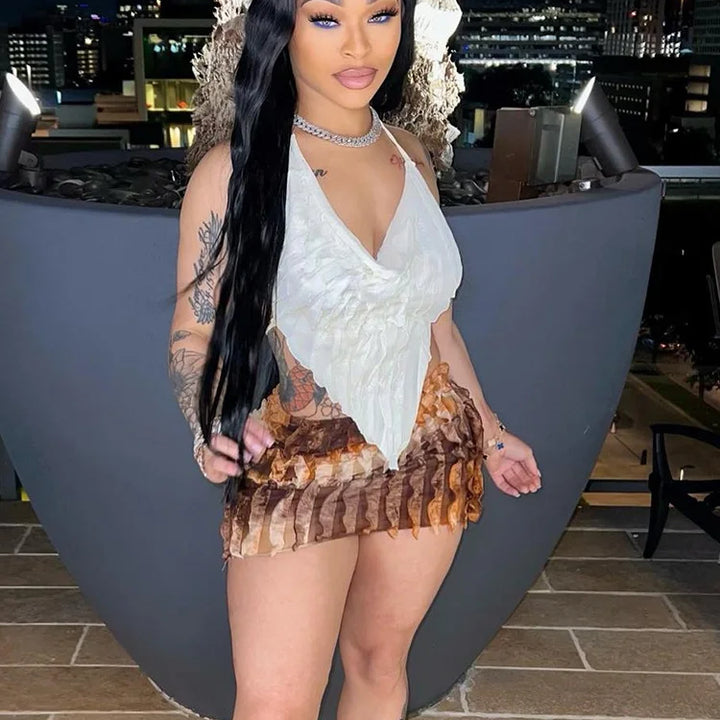 kliou Stacked Ruched 2 Piece Set Women Solid Halter Bandage Irregulary Camis+Tie Dye Vintage Mini Skirts Female Sexy Attirewear