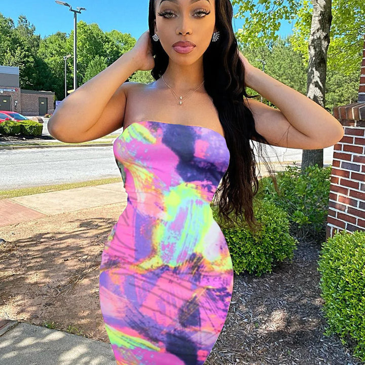 Spring/Summer Women's Colorful Tie Dye Print Off Shoulder Wrapped Chest Dress