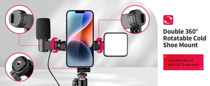 Camera Hot Shoe Phone Holder Mount Clamp Clip w 2 Cold Shoe 1/4'' Tripod Adapter Stand Mic Fill Light for Smartphone TikTok Vlog