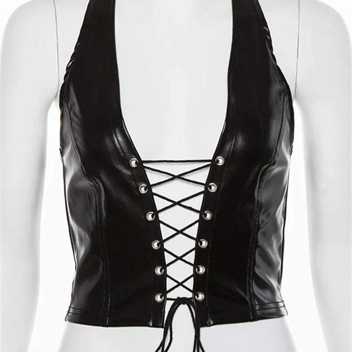 Sexy Crop Top Inside Women Black PU Leather Rope Strap Hollow Out Punk Style Tank Tops Vest Fashion Backless Club Party Wear