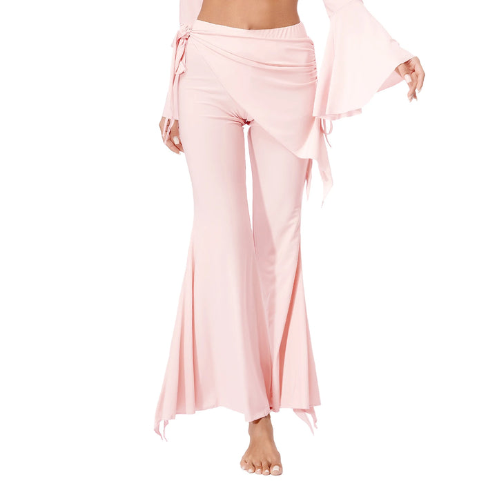 Womens Split Flared Belly Dance Pants Halloween Carnival Costume Solid Color Pants Lace-Up Skirted Pants