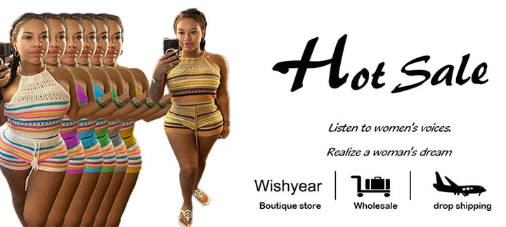 Wishyear Sexy Backless Halter Crop Top and Shorts Suit Two Piece Sets for Women Tracksuit Knitted Crochet Co Ord Summer Outfits