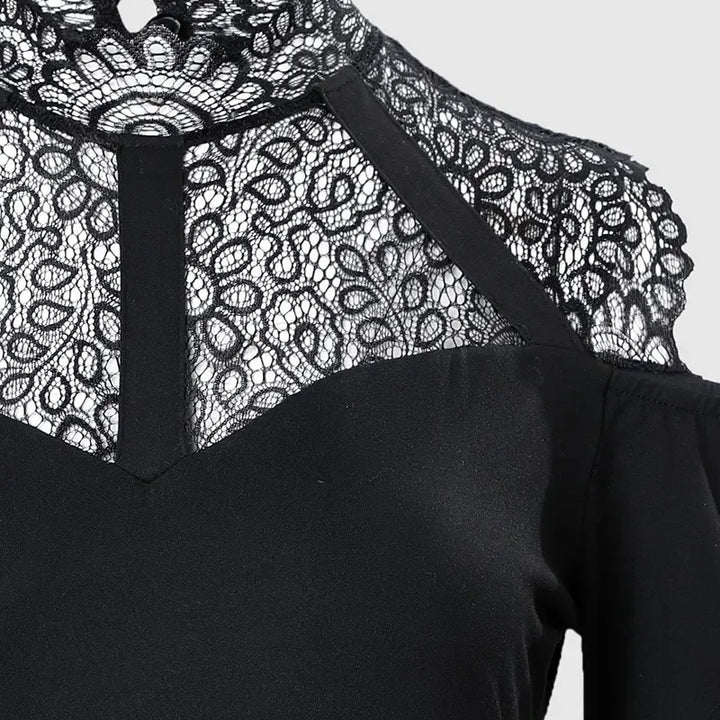 Contrast Lace Long Sleeve Cold Shoulder Bodysuit Women Top Romper Solid Color Fashion Sexy Slim Skinny Bodysuits