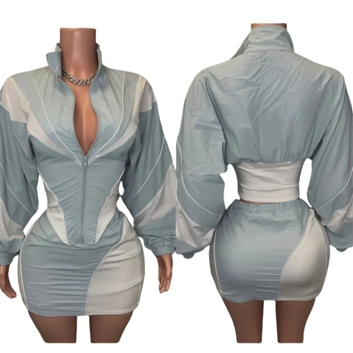 FLARORA Fashion Patchwork 2Pcs Sets Woman Long Sleeve Zipper Irregular Crop Jacket And Skinny Mini Skirts Streetwear Outfits New