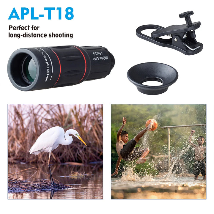 Mobile Phone Lenses 18X Telescope Monocular Zoom Camera Lens for IPhone 7 Samsung S8 with Tripod&Bluetooth Remote Control