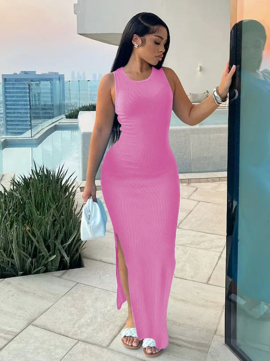 Summer Women's Fashion Purple Round Neck Slim Fit Split Dress Sexy Women's Sleeveless High Waist Beach Dress Vestidos S-3XL