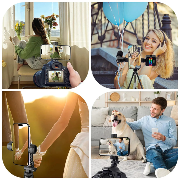 Camera Hot Shoe Phone Holder Mount Clamp Clip w 2 Cold Shoe 1/4'' Tripod Adapter Stand Mic Fill Light for Smartphone TikTok Vlog
