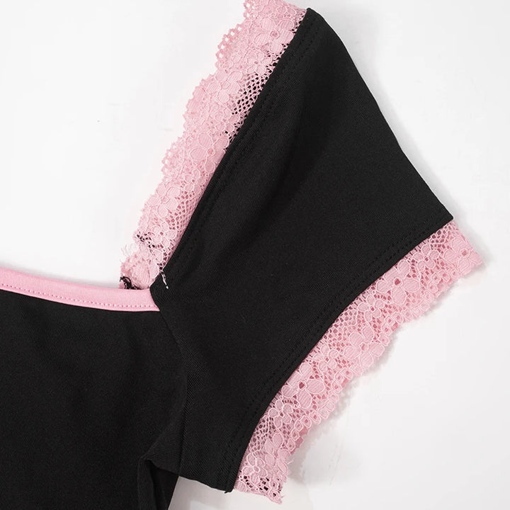 kliou Classic Patchwork Women Playsuits Casual Fashion Lace Trim Square Neck Short Sleeve Stretch Rompers Girls Daily Streetwear