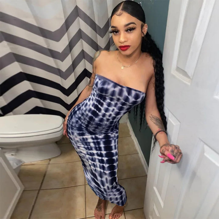 Tie Dye Bodycon Bandage Dress Women Midi Sexy Party Dresses Off Shoulder Strapless Summer Y2k Club Beach Elegant Long Vestidos