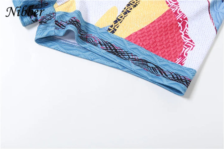 Nibber Colorful Printing Two Piece Set Women Autumn O-neck Full Sleeve Crop Tops + Matched Slim Shorts Female Outfit Street Suit