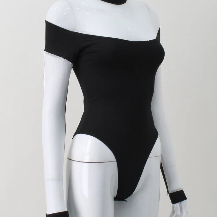 Huhugirl Mesh See Through Skinny Sexy Bodysuits Women Fashion Patchwork Long Sleeve Sheath Rompers Female Jumpsuits Tops Tees