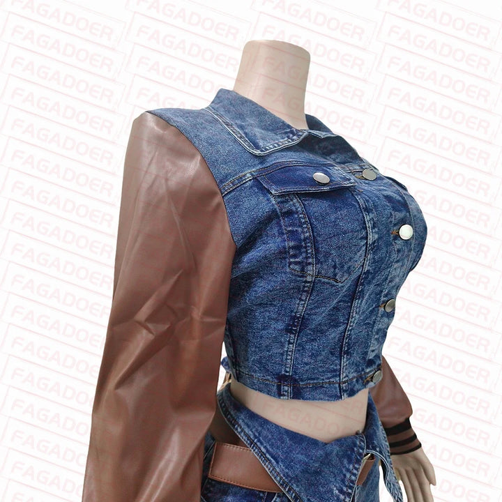 FAGADOER Retro Quality Denim Women 2 Piece Set Outfit Trendy Leather Denim Patchwork Crop Jacket And High Waist Jeans Suits New