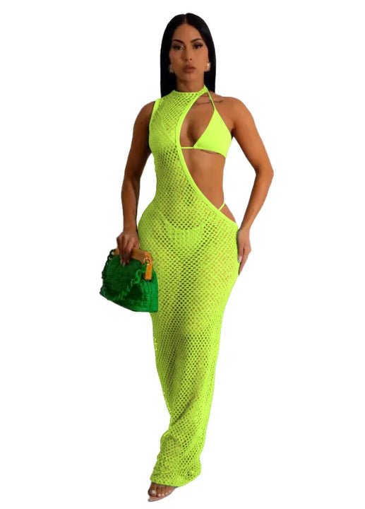 New Women's Classic Clothes Sexy 3 Piece Set Sexy Fishing Net Halter One Shoulder Dress and Bikini Set Beach Dress