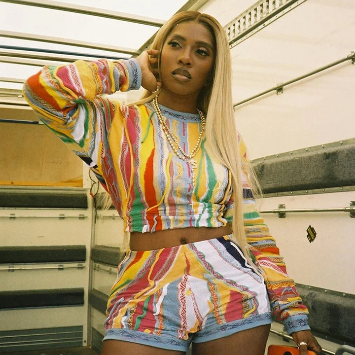 Nibber Colorful Printing Two Piece Set Women Autumn O-neck Full Sleeve Crop Tops + Matched Slim Shorts Female Outfit Street Suit