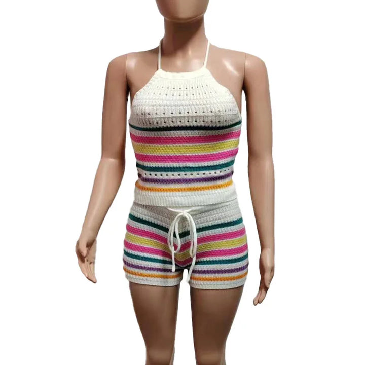 2024 New Fashion Knitted 2 piece sets womens outfits Striped Hollow Out Sleeveless Top & Drawstring Shorts Set