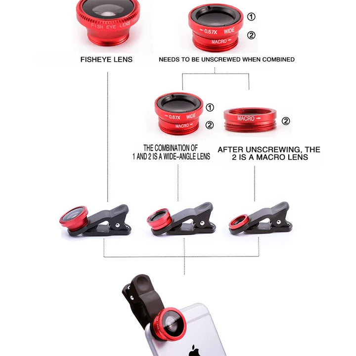 3 in 1 Fisheye Wide Angle Micro Camera Lens for iPhone 0.67X Wide Angle Zoom Fish Eye Len on Smartphone Lenses with Phone Clip