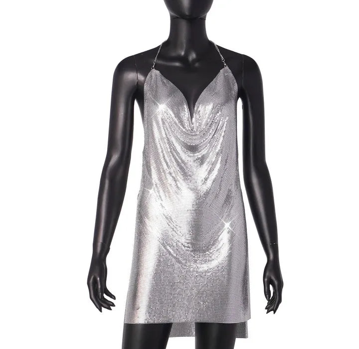 Summer Dress for Women 2024 Nightclub Backless Sequin Suspender V-neck Halter Neck Split Dresses Sleeveless Short Skirt Female