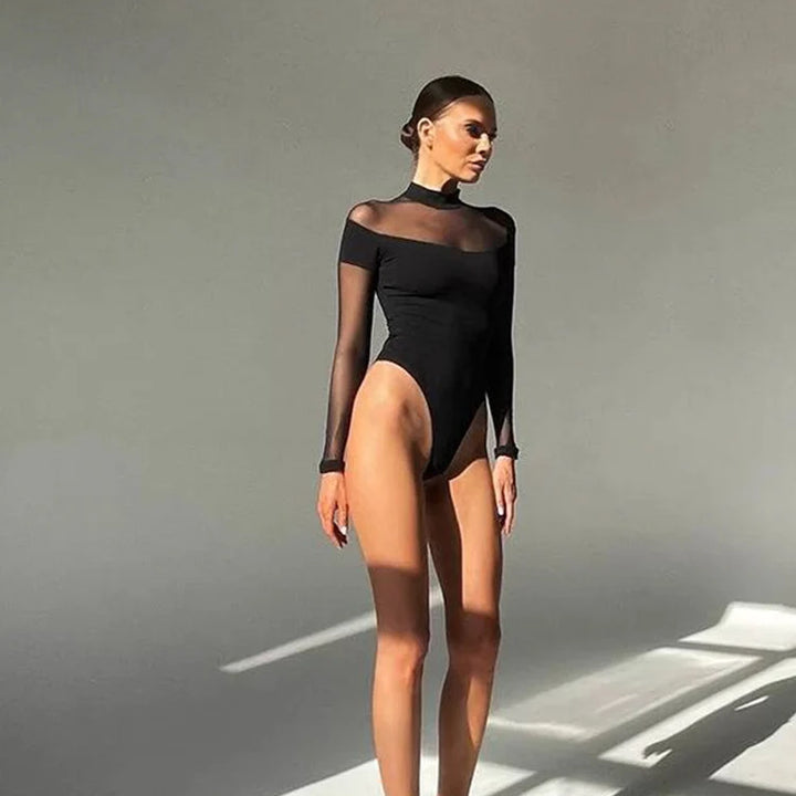 Huhugirl Mesh See Through Skinny Sexy Bodysuits Women Fashion Patchwork Long Sleeve Sheath Rompers Female Jumpsuits Tops Tees