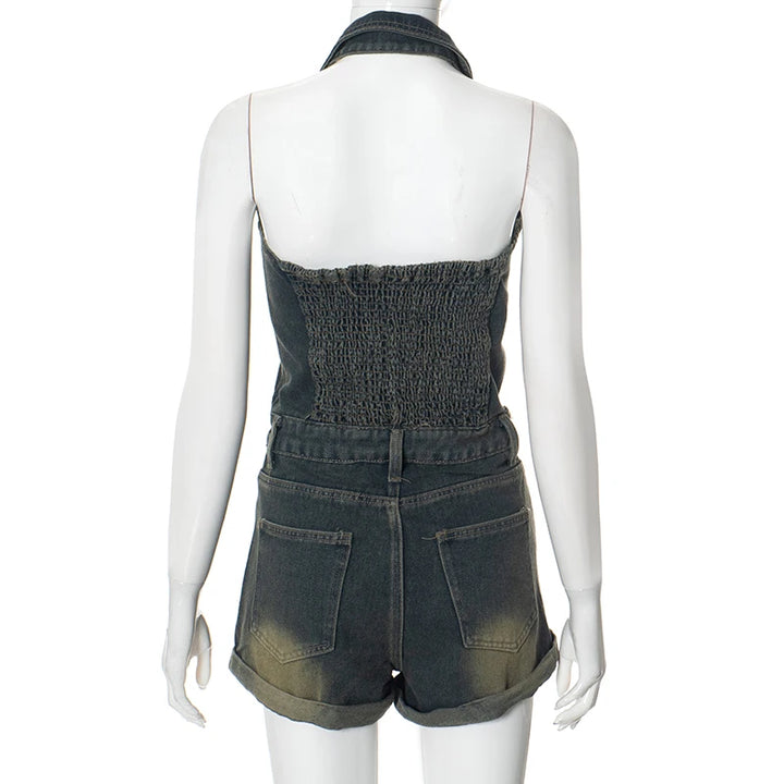 Sexy Blue Lapel Deep V Zipper Jumpsuit For Women Sleeveless Backless High Waist Hemmed Shorts Leisure Party Club Denim Jumpsuit