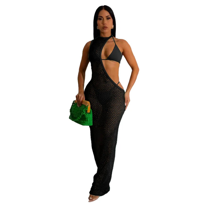 New Women's Classic Clothes Sexy 3 Piece Set Sexy Fishing Net Halter One Shoulder Dress and Bikini Set Beach Dress
