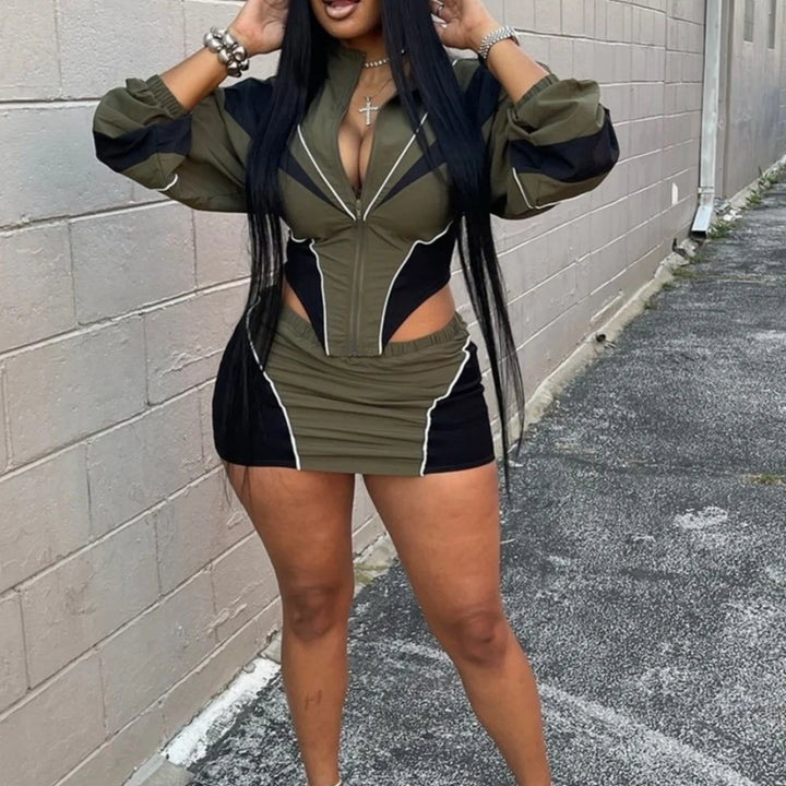 FLARORA Fashion Patchwork 2Pcs Sets Woman Long Sleeve Zipper Irregular Crop Jacket And Skinny Mini Skirts Streetwear Outfits New
