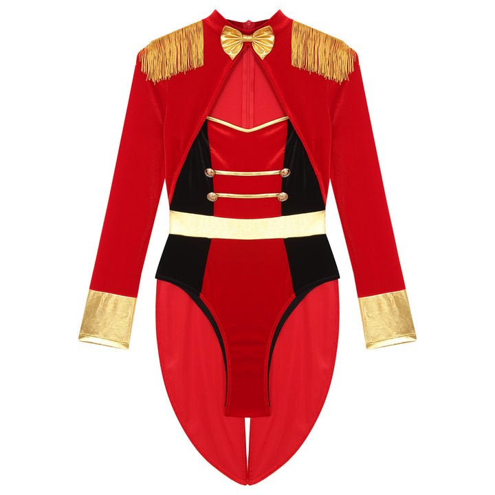 Womens Circus Ringmaster Costume Jumpsuit Halloween Carnival Party Long Sleeve Tailcoat Velvet Fringed Sexy Cosplay Bodysuit