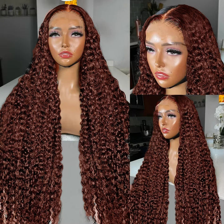 30 36 Inch Reddish Brown Deep Wave 13x4 Lace Frontal Wig Brazilian Colored Curly 13x6 HD Lace Front Human Hair Wigs For Women