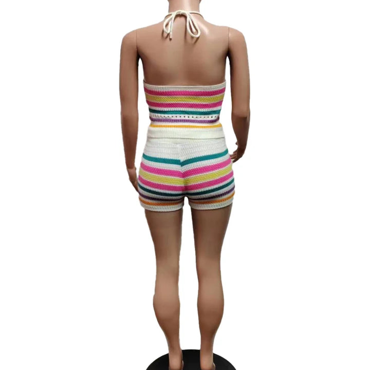 2024 New Fashion Knitted 2 piece sets womens outfits Striped Hollow Out Sleeveless Top & Drawstring Shorts Set