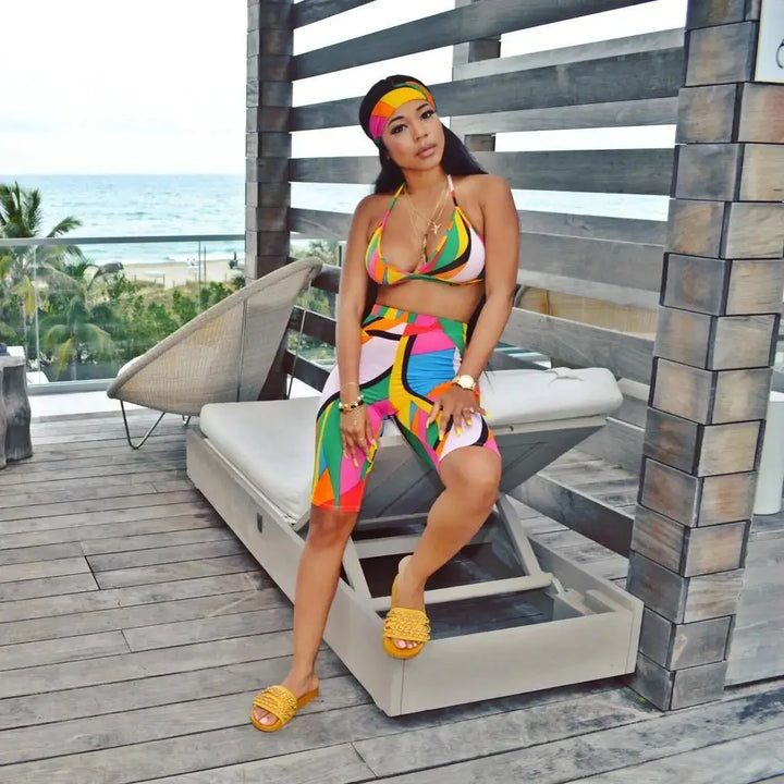 S3330 Sweetpants Three-Piece Set With Headscarf Six Colors Women's Fashion Outfit Short Skirt Set From China Mainland